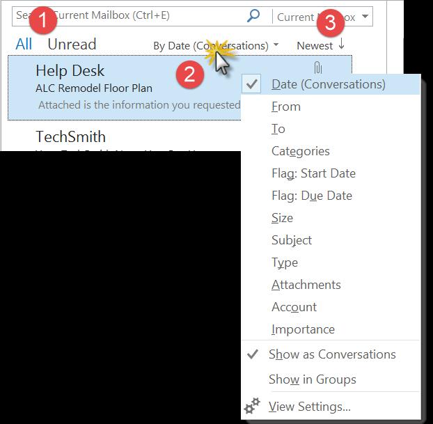 Sort Message Quickly Quickly find messages in mailbox folders by changing how they're sorted.