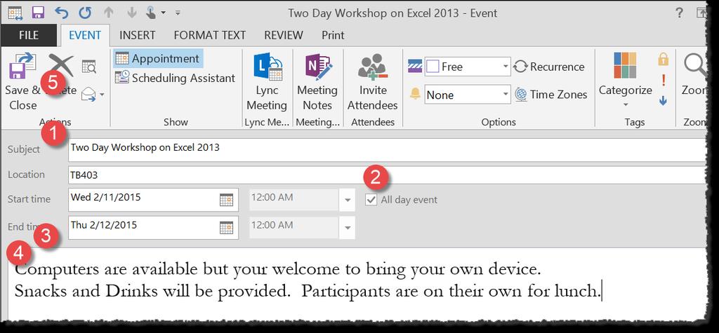 To schedule an Event do the following: In the calendar, go to the day of the Event or the start date of the Event. Double click anywhere in the day.