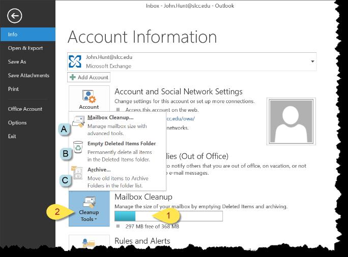 The Outlook Mailbox Cleanup Tool Outlook 2013 contains several tools to help users manage their mailbox size. One of these is the Mailbox Cleanup tool.