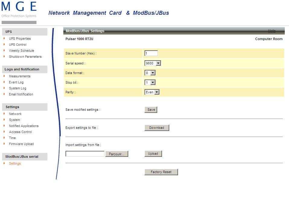 7.3 Additional Web pages The INMC card Jbus parameters could be set through
