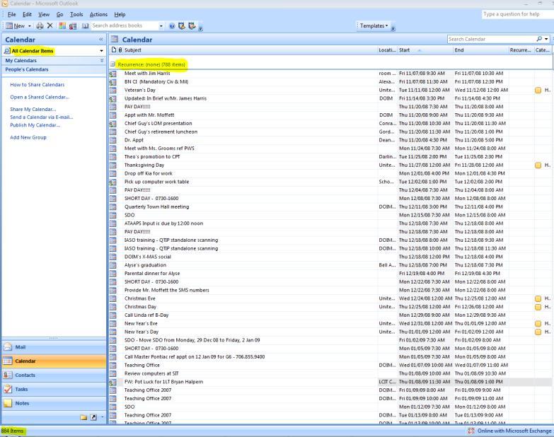 8. This will produce a list view of all appointments that are in the Calendar. This list can be quite long and can possibly extend back for several years.