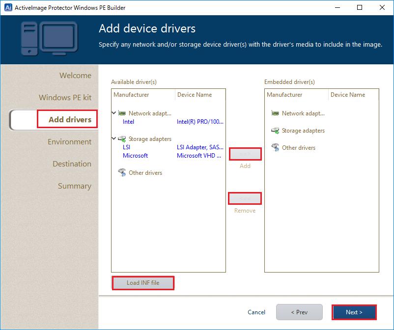 5. Specify device driver(s) to include in the boot environment. Network and storage device drivers included in the current system are detected and listed on the left pane.