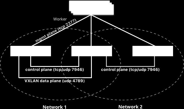 with in Network Control Plane Relies on a gossip protocol (SWIM) to propagate network state information and topology across