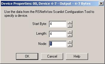 Configure the Terminal as a Scanner 55 3. Right-click the new address block 4-7 Bytes and select Add Device to define the 1756-DNB module as the slave device for the output block. 4. In the Device Properties dialog for the output address block, select Node 1 and click OK.
