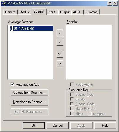 66 Configure the Terminal as a Scanner 2. Select the Scanlist tab to view and edit the PanelView Plus scanlist. The 1756-DNB module appears as an available device.