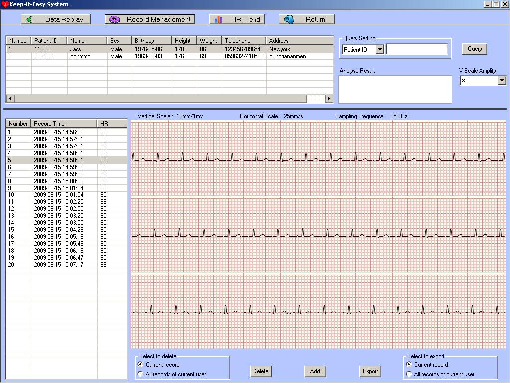 Additionally, measurement analysis and patient(s) information also may be displayed on the right area.
