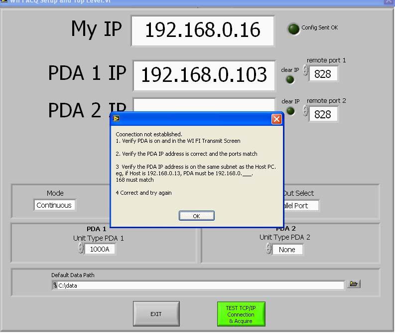 *Note, when running Wi-Fi ACQ with 2 PDA s 2 separate ports should be chosen 828 and 808 are recommended. The PDA port number is changed by modifying the port.