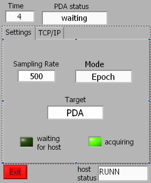 After a file name has been entered and the above screen is shown, data can be collected on the PDA by pressing the start button on the Wi-Fi ACQ (host PC) acquisition screen.