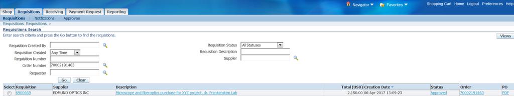 Checkout process cont. Open the PDF file (to the right of the requisition) and email to the vendor.