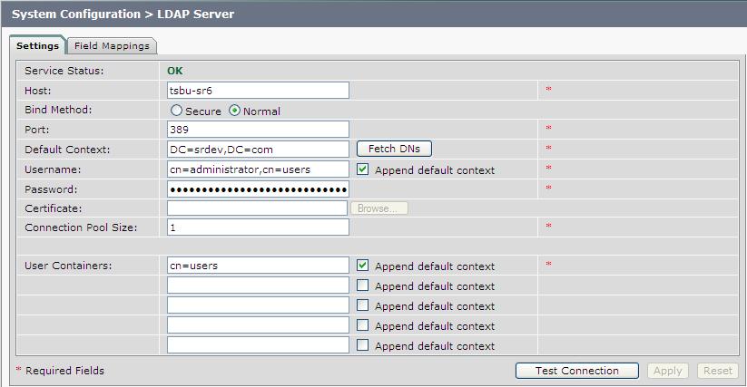 LDAP Server Chapter 3 Figure 3-14 LDAP Window Settings Tab Multiple LDAP Peer Domains If you have a LDAP peer domain configured you ll need to specify the additional user containers and context.