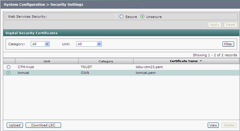 Security Settings Chapter 3 Figure 3-2 System Configuration Security Settings Window Web Services Security You can turn on web services security by choosing Secure mode.