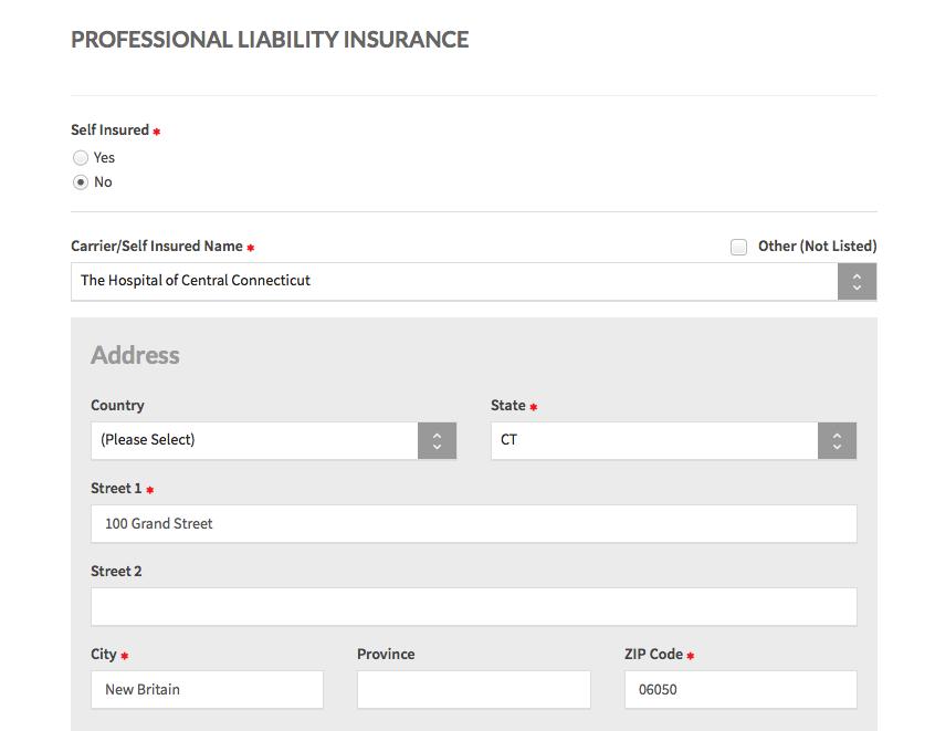 Professional Liability Insurance The Professional Liability Insurance section (see Figure 33) asks for detailed information regarding your dentists professional liability insurance.