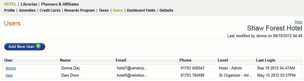 Users: The Users tab will list all users with access to Cvent Passkey at for your property.