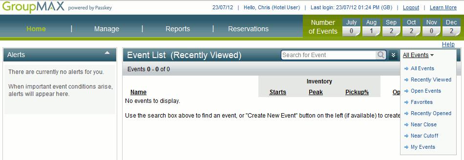 Home Page: Eve Searching for Events: To display a list of events that your property