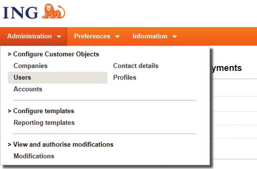 2. New user - Copy permissions from current user 1. Copy current user 1.1 Click the menu option Administration and then Users. 1.2 Select the user you want to copy. 1.3 Click Copy. 1.4 If the user does not have an ING I-Dentity Card yet, enter his or her email address.