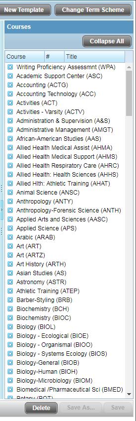 On the right side of the screen is a listing of courses sorted by major.