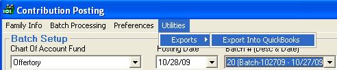 POSTING, CHAPTER 5 107 QuickBooks ParishSOFT offers two options for exporting your Offering & Pledges postings to QuickBooks: Export from ParishSOFT Reports creates a file that can be imported into