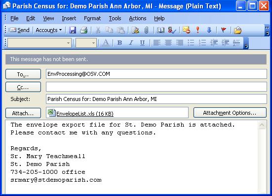 APPENDIX A: REPORTS 167 Email Envelopes to OSV or Other Provider From the Utilities menu in either the Offering & Pledges or Family Directory Modules, you can create an envelope data export file and