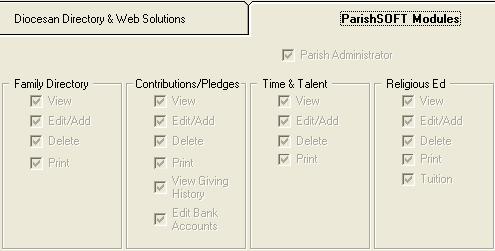 GETTING STARTED, CHAPTER 1 21 Privileges for Users ParishSOFT gives Parish Administrators the tools to maintain a system that permits access and protects sensitive information where needed.