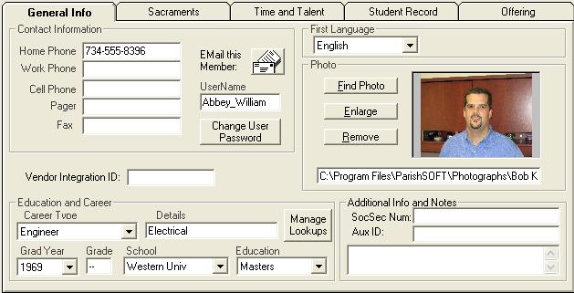 FAMILY AND MEMBER RECORDS, CHAPTER 2 37 General Info The General Info tab provides a screen to enter contact numbers (with extensions, if applicable), career and education information, native