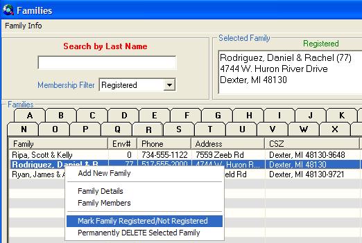 FAMILY AND MEMBER RECORDS, CHAPTER 2 45 Register/Unregister a Family from Family List Right-click on a family name in the Family List and select Mark Family Registered/ Not Registered.