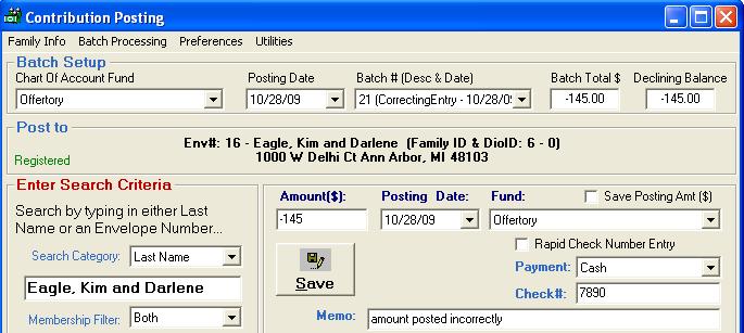 From the Contribution Posting screen, select the fund of the incorrect posting. 2. Click Batch Processing > New Batch. 3.