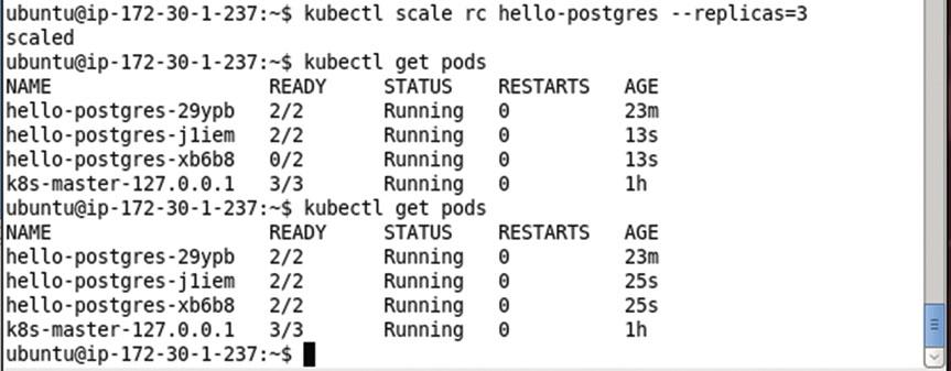 Figure 13-16. Scaling the Cluster to 3 Replicas A Pod may be described using the kubectl describe pod command.