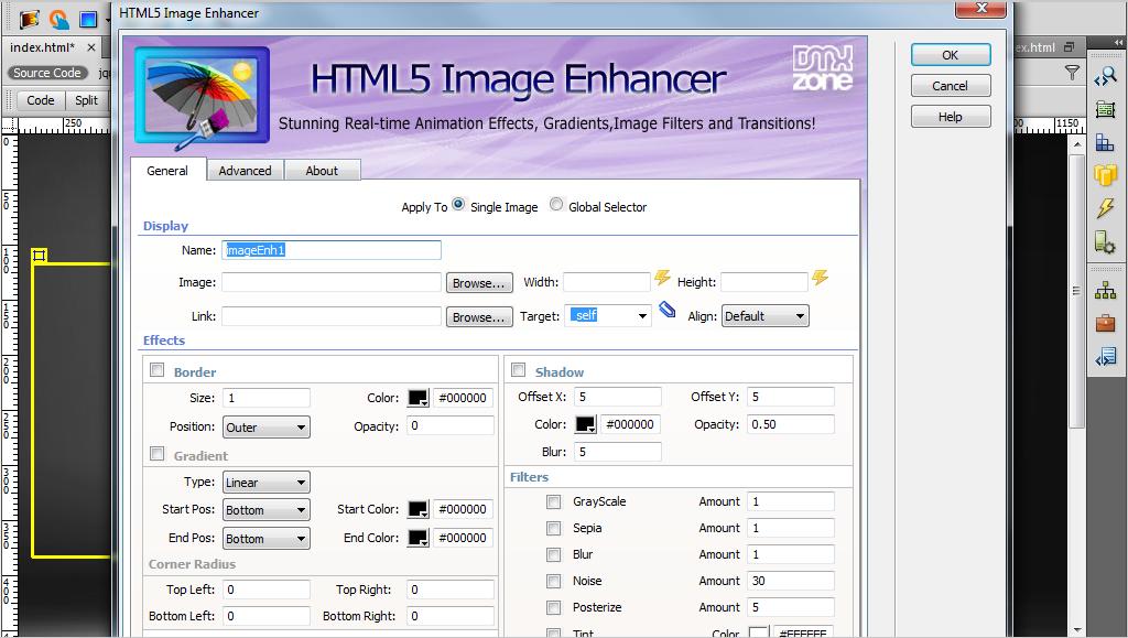 The HTML5 Image Enhancer dialog opens: Copyright