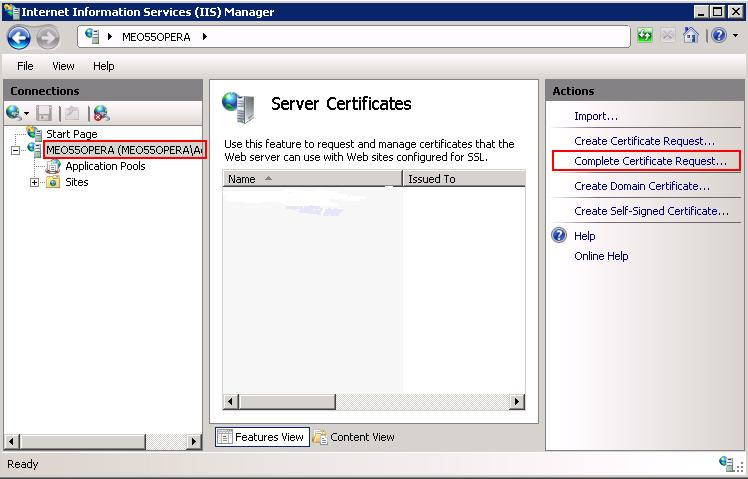 In the Connections panel on the left, select the correct server name and open the Server Certificates features by double-clicking the Server Certificates. 3.