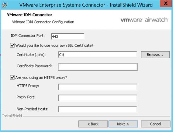 10 (VMware Identity Manager Connector only) In the IDM Connector Configuration page, enter the following information, then click Next.