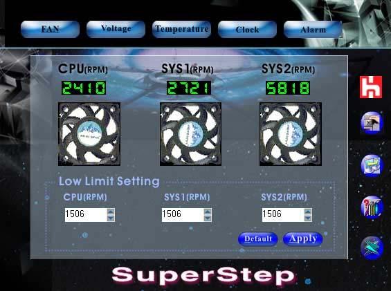 Foxconn s SuperStep app is a monitoring tool plus overclocking tool rolled in one. A one-stop shop where fan, temperature, and voltages can be viewed and warning setting defined.