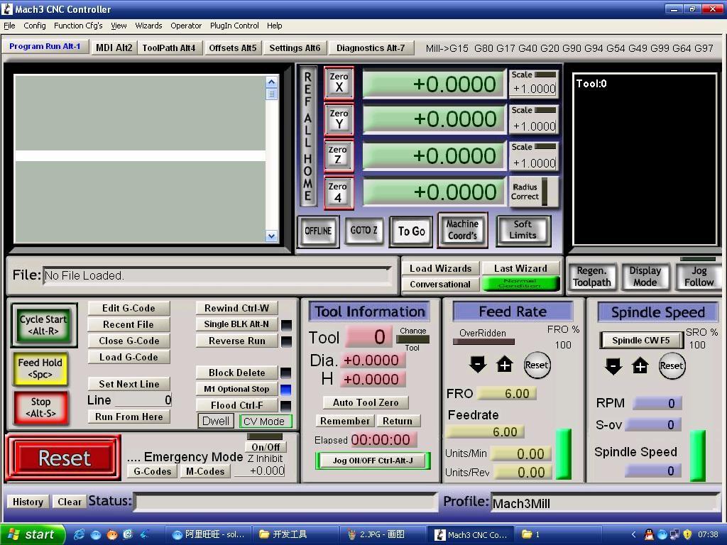 11.2 Mach3 software setting: Fig 6 mach3 main interface Open the