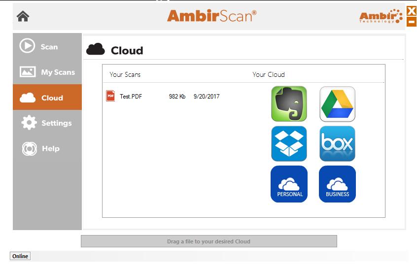 Cloud Menu AmbirScan allows users to conveniently scan to their local computer as well as into several popular cloud-based applications.