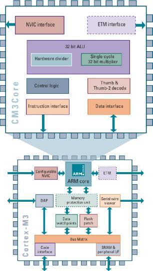 Cortex-M3 Processor Architecture Hierarchical processor integrating core and advanced system peripherals Cortex-M3 core Harvard architecture 3-stage pipeline w.