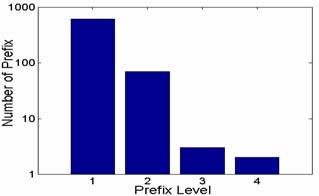 We can see that the ratio of prefix population decreases logarithmically with the growth of prefix level (note the logarithmic scale on the the initial IPv6 prefix distribution characteristics, and