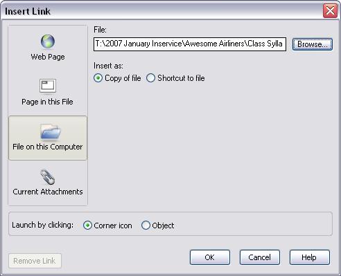 4. The Insert Link dialog box opens. Choose File on this Computer.