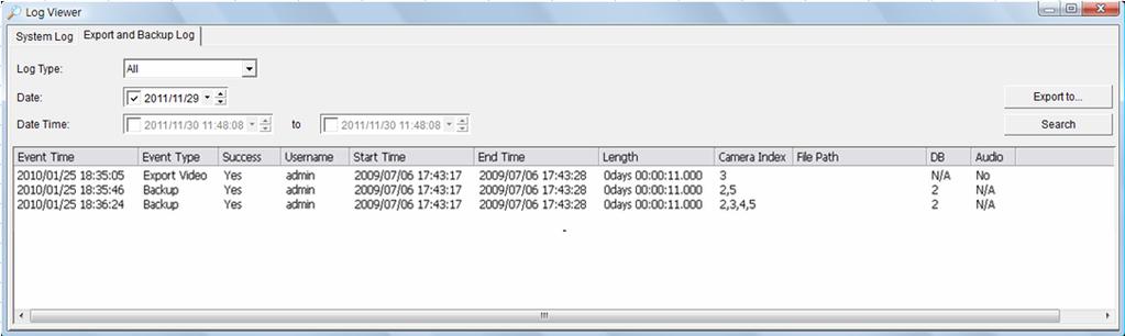 3.11.2. Export and Backup Log: View the Export and Backup Log history that had been operated by local or remote user.