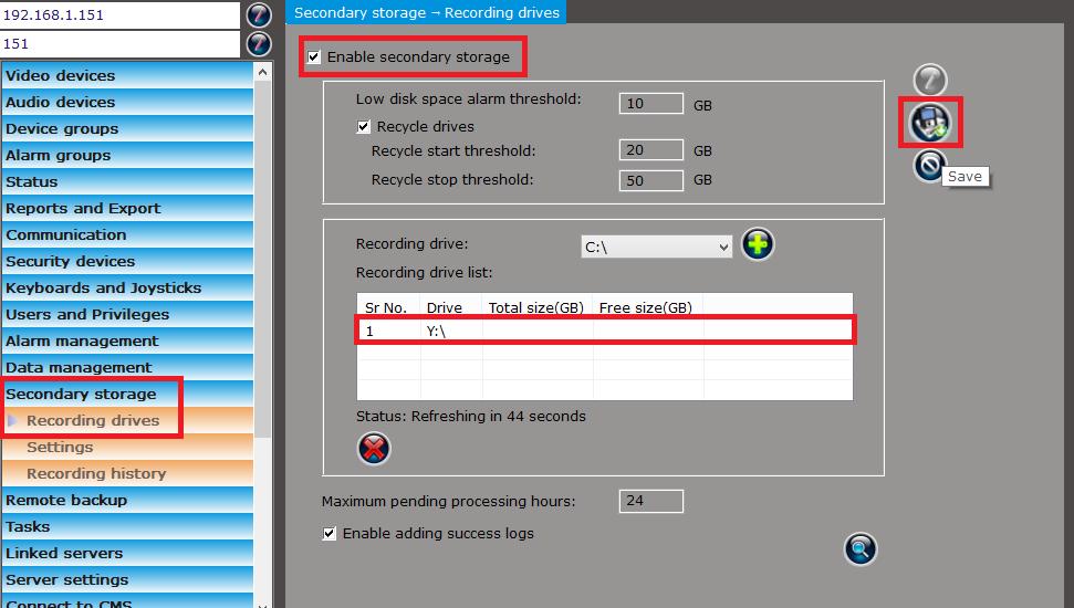 It is possible to add multiple drives for secondary recording by selecting another drive and clicking on Add button. To remove any drive from Recording drive list, use Remove button.