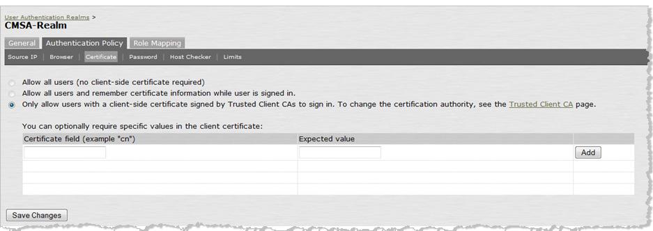 5. Use the certificate as a restriction. Select the Authentication Policy tab, and then click Certificate. 6.