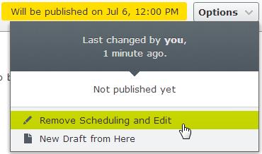 136 Episerver CMS Editor User Guide 18-3 Scheduling for later publishing If you have publishing access rights, you can schedule the publishing to occur at a later occasion.