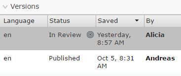 Controlling the publishing process 175 When a content item is in review, its status changes to In review in the Versions gadget.