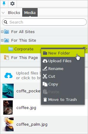 48 Episerver CMS Editor User Guide 18-3 Media and blocks share the same folder structure. This means that if you create a folder under Media, the same folder is also created under Blocks.