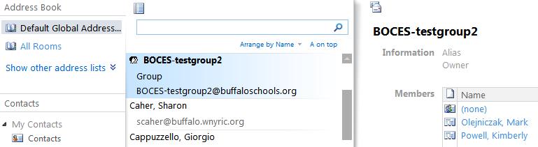 The name will appear in the field you clicked in. Notice the Bcc field is visible when entering a name this way. Groups are in bold text.