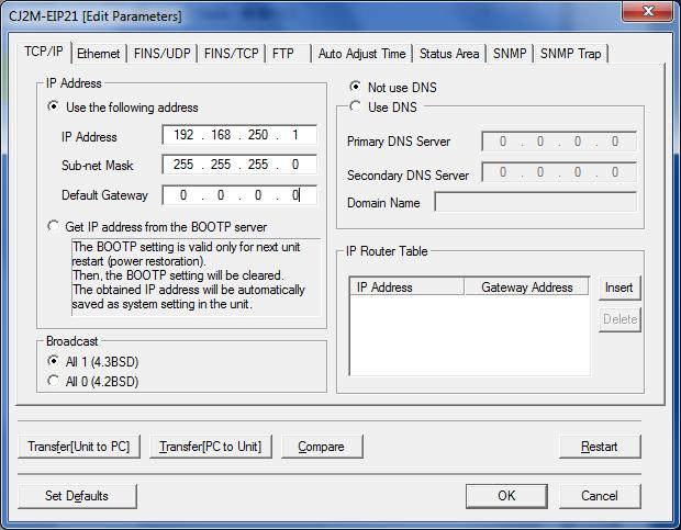 6 The Edit Parameters Dialog Box is displayed. Select the TCP/IP Tab. Make the following settings in the IP Address Field: Use the following address: Select IP Address: 192.168.250.1 Subnet Mask: 255.