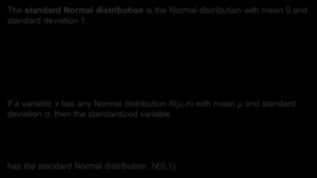 The Standard Normal Distribution All Normal distributions are the same if we measure in units of size σ from the mean µ as center.