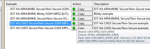 On the right side, switch to the Examples tab. If needed, scroll down till you see the IOT-Kit CM23 Secure/Non-Secure (V2M-MPS2 (IoT)) example.