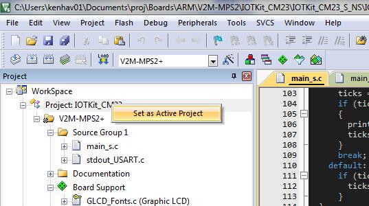 5. Make sure that the secure project IOTKit_CM23_s is the active project by right clicking to select Set as Active Project and V2M-MPS2+ is