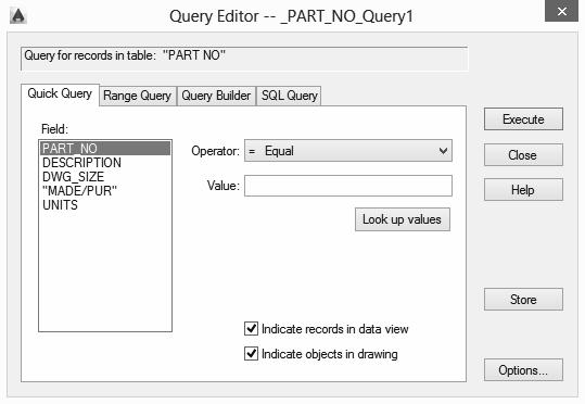 AutoCAD uses the Query Editor to enable you to design queries. For example, you can do the following: Query the contents of a database to view a specified subset of the data.