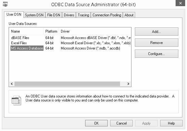 FIGURE B1.2 Use the ODBC Data Source Administrator dialog box, accessed from the Windows Control Panel, to choose a database driver to connect to your database. B O N U S 1 5.