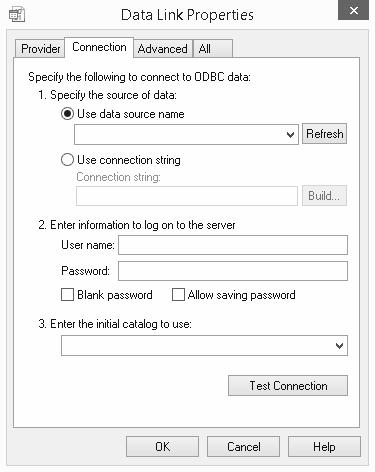 4. From the Use Data Source Name drop-down list on the Connection tab, choose the name of the data source that you used in the ODBC Setup dialog box, as shown in Figure B1.3. FIGURE B1.